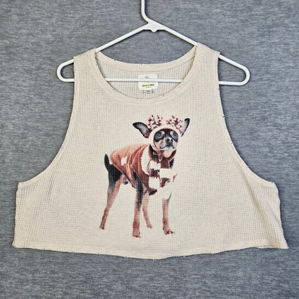Offline by Aerie Waffle Knit Crop Tank Top Chihuahua Graphic Cream XL